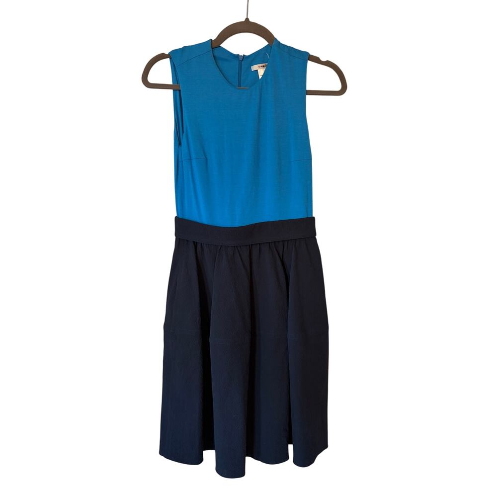 Carven blue dress small 36 two-tone sleeveless a-line luxury knee length